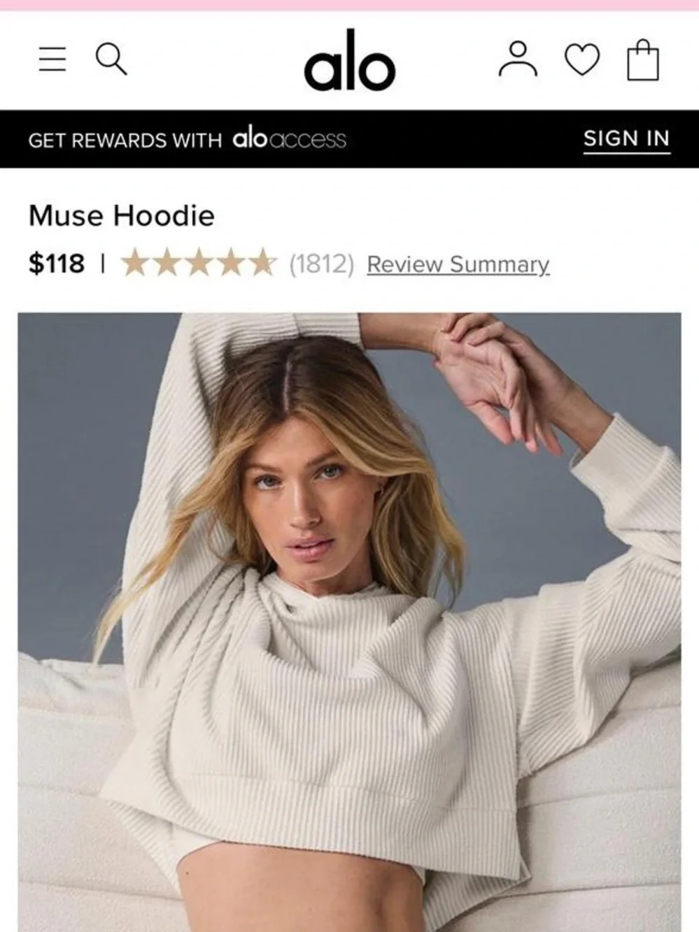 ALO Yoga Cream Ribbed Cropped Hoodie